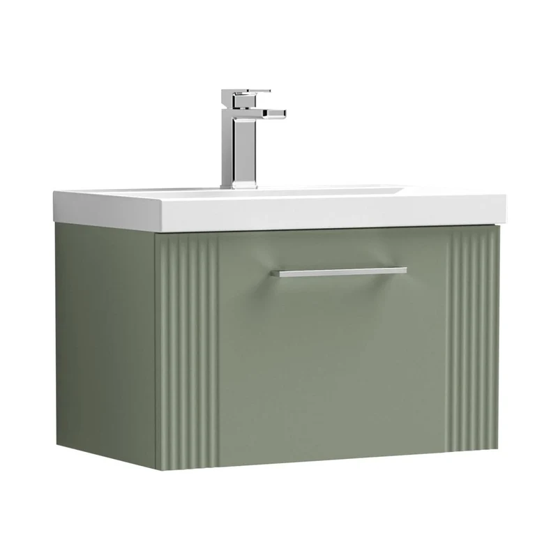 Nuie Deco 600mm Wall Hung Single Drawer Vanity & Basin 1 Contemporary Satin Green MFC Painted Gloss 399x610x390mm