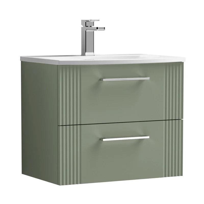 Nuie Deco 600mm Wall Hung 2 Drawer Vanity & Basin 4 Contemporary Satin Green MFC Painted Gloss 530x610x440mm