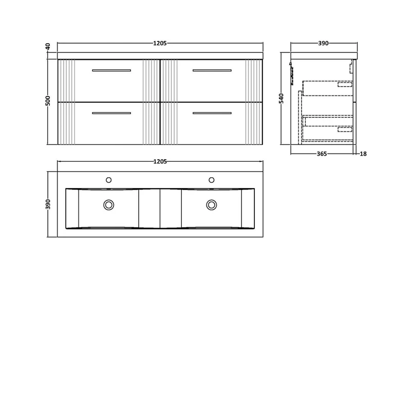 Nuie Deco 1200mm Wall Hung 4 Drawer Vanity & Double Basin Contemporary Satin Green MFC Painted Gloss 540x1205x390mm - DPF893F
