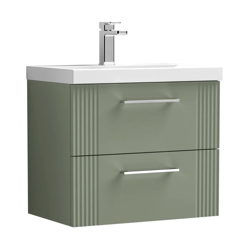Nuie Deco 600mm Wall Hung 2 Drawer Vanity & Basin 3 Contemporary Satin Green MFC Painted Gloss 550x610x395mm