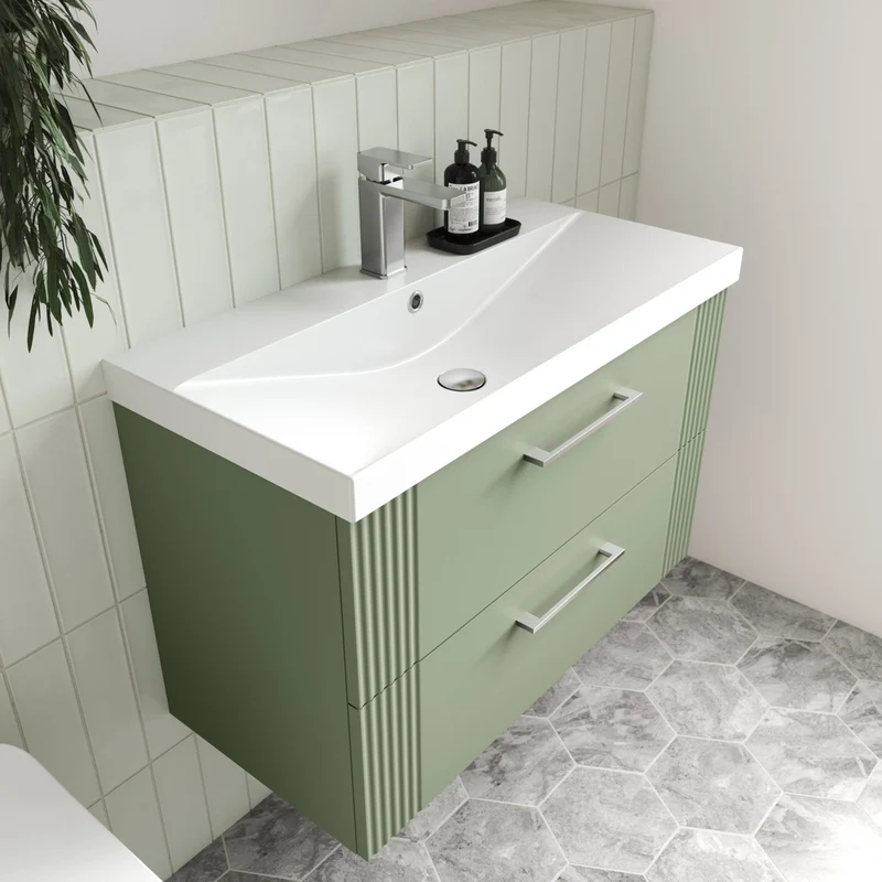 Nuie Deco 600mm Wall Hung 2 Drawer Vanity & Basin 3 Contemporary Satin Green MFC Painted Gloss 550x610x395mm