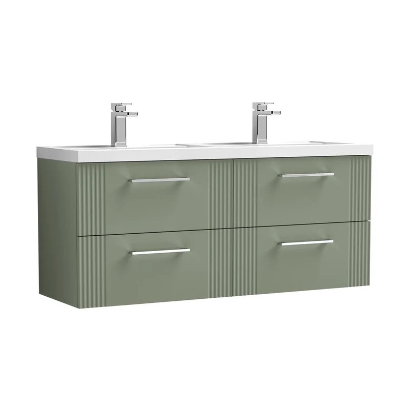 Nuie Deco 1200mm Wall Hung 4 Drawer Vanity & Double Basin Contemporary Satin Green MFC Painted Gloss 540x1205x390mm - DPF893C