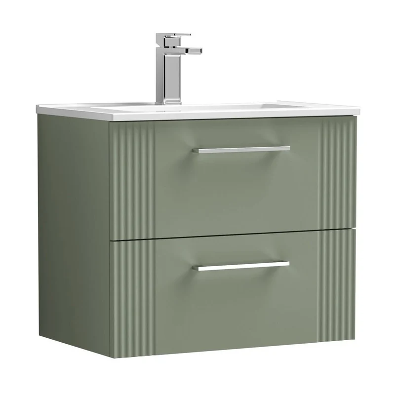 Nuie Deco 600mm Wall Hung 2 Drawer Vanity & Basin 2 Contemporary Satin Green MFC Painted Gloss 518x605x395mm