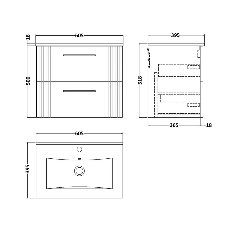 Nuie Deco 600mm Wall Hung 2 Drawer Vanity & Basin 2 Contemporary Satin Green MFC Painted Gloss 518x605x395mm