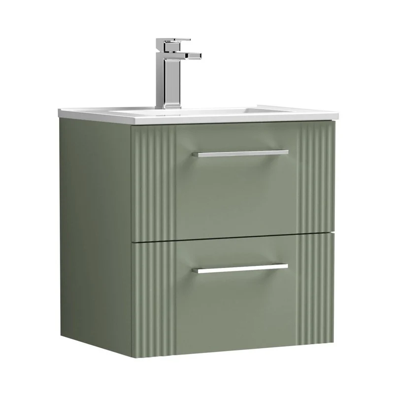 Nuie Deco 500mm Wall Hung 2 Drawer Vanity & Basin 2 Contemporary Satin Green MFC Painted Gloss 518x505x395mm