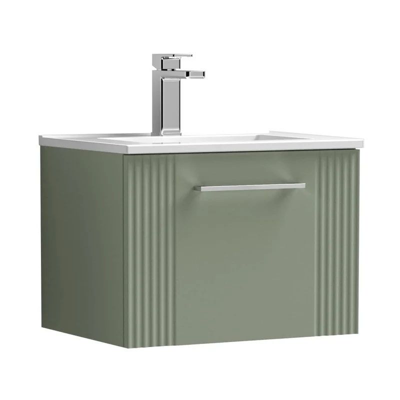 Nuie Deco 500mm Wall Hung Single Drawer Vanity & Basin 2 Contemporary Satin Green MFC Painted Gloss 377x505x395mm