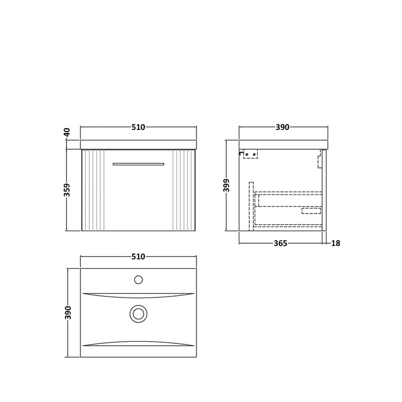 Nuie Deco 500mm Wall Hung Single Drawer Vanity & Basin 1 Contemporary Satin Green MFC Painted Gloss 399x510x390mm