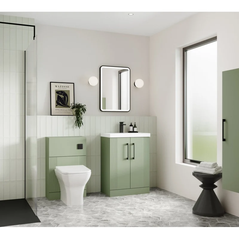 Nuie Deco 500mm Floor Standing 2 Door Vanity & Basin 2 Contemporary Satin Green MFC Painted Gloss 828x505x395mm