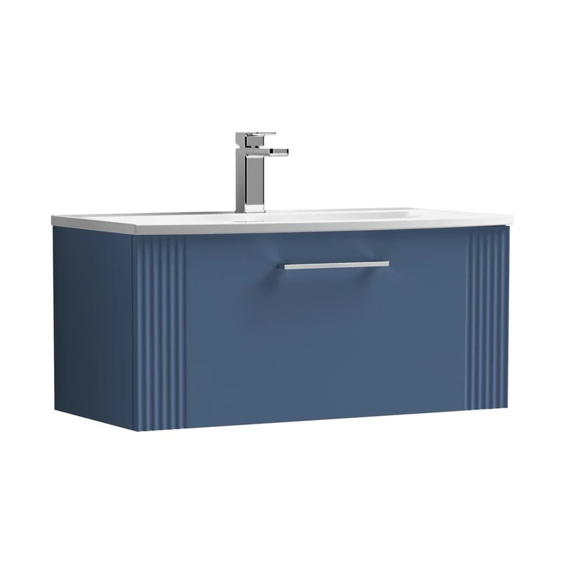 Nuie Deco 800mm Wall Hung Single Drawer Vanity & Basin 4 Contemporary Satin Blue MFC Painted Gloss 389x810x440mm