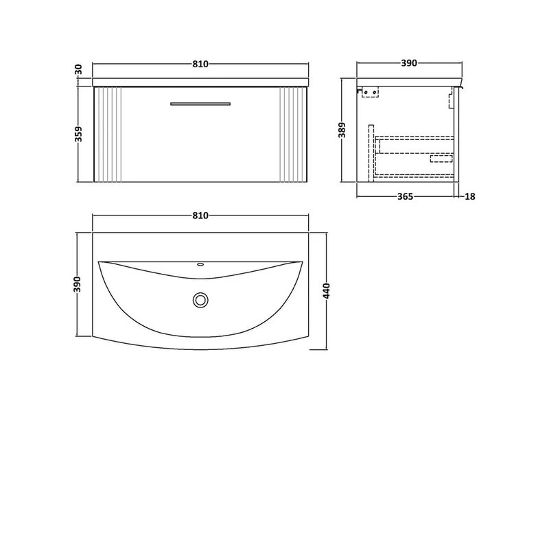 Nuie Deco 800mm Wall Hung Single Drawer Vanity & Basin 4 Contemporary Satin Blue MFC Painted Gloss 389x810x440mm