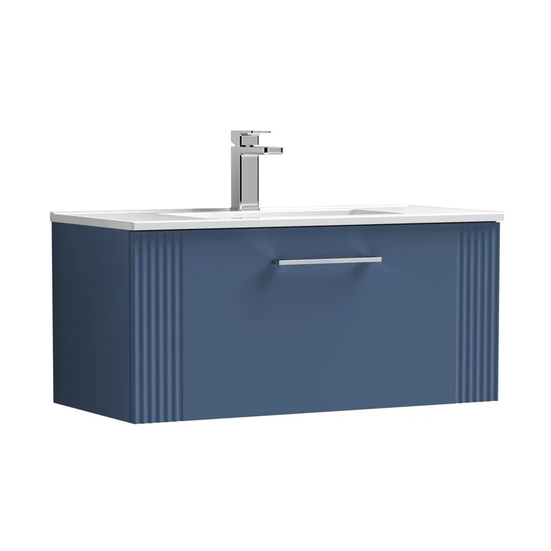 Nuie Deco 800mm Wall Hung Single Drawer Vanity & Basin 2 Contemporary Satin Blue MFC Painted Gloss 377x805x395mm
