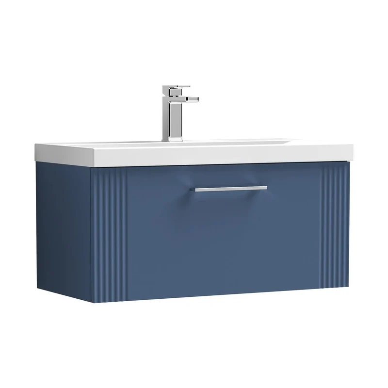 Nuie Deco 800mm Wall Hung Single Drawer Vanity & Basin 1 Contemporary Satin Blue MFC Painted Gloss 399x810x390mm