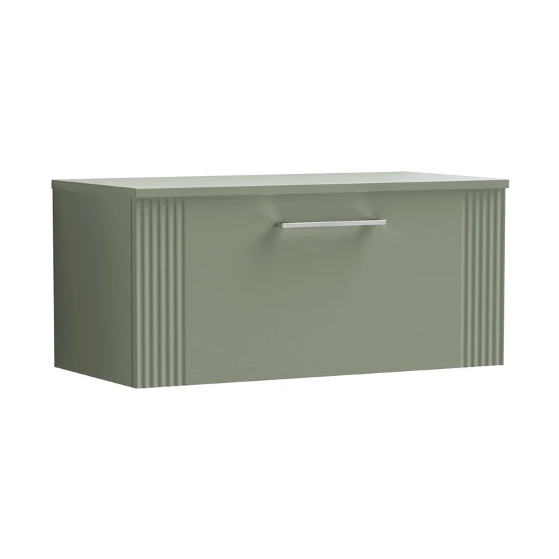 Nuie Deco 800mm Wall Hung Single Drawer Vanity & Worktop Contemporary Satin Green MFC Painted Gloss 377x810x390mm