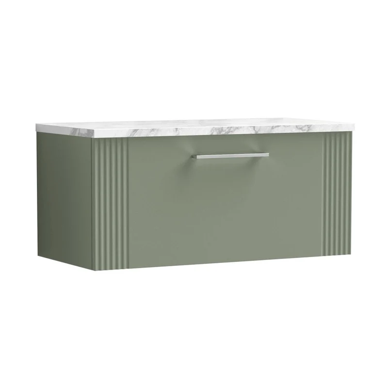 Nuie Deco 800 Wall Hung Single Drawer Vanity & Laminate Worktop Contemporary Satin Green MFC Painted Gloss 381x805x390mm