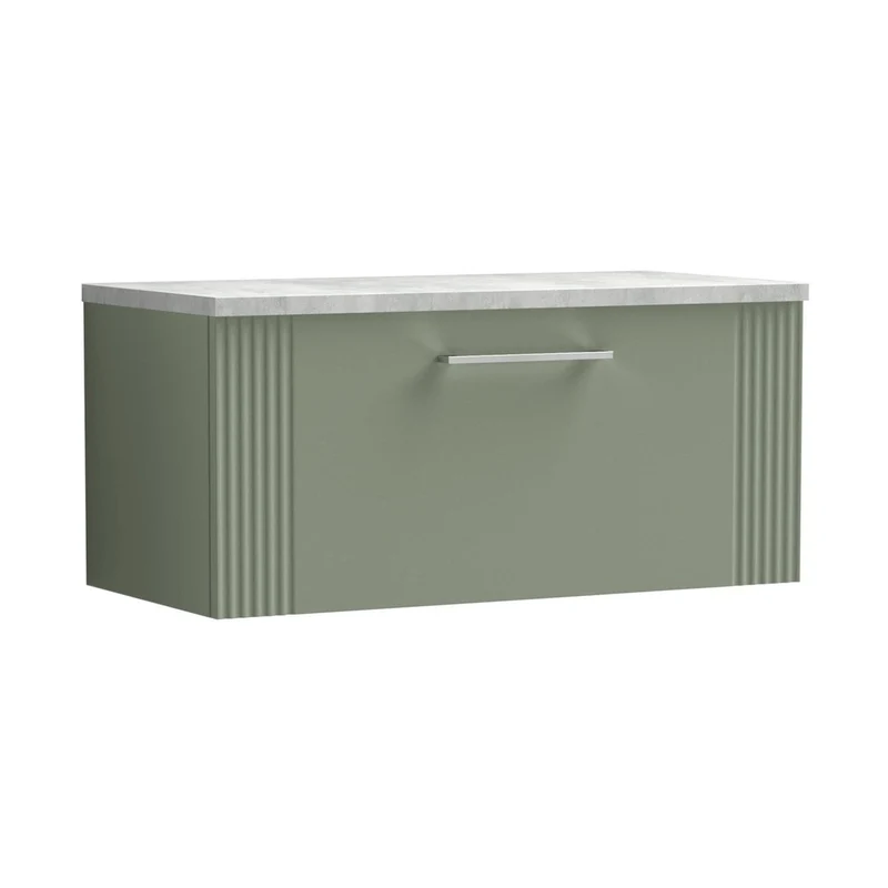 Nuie Deco 800mm Wall Hung Single Drawer Vanity & Laminate Top Contemporary Satin Green MFC Painted Gloss 381x805x390mm - DPF896LBG
