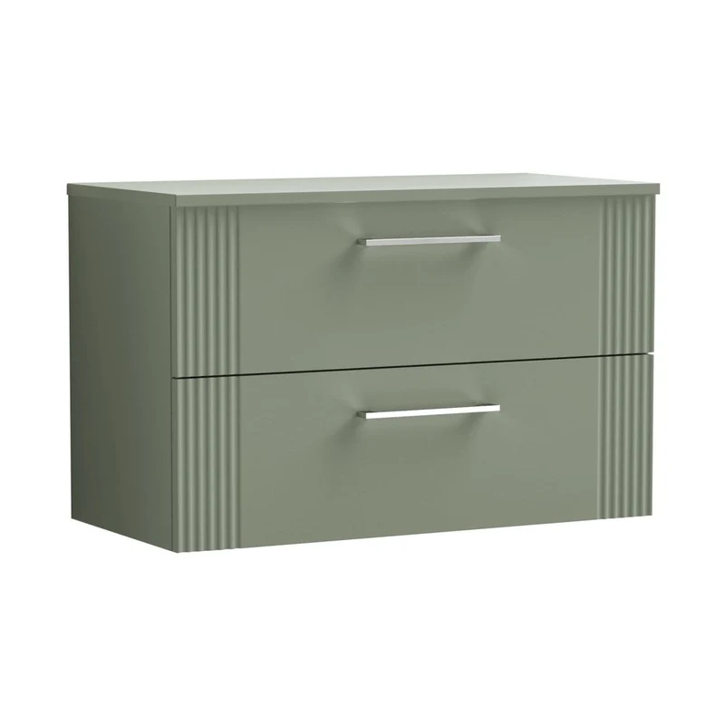 Nuie Deco 800mm Wall Hung 2 Drawer Vanity & Worktop Contemporary Satin Green MFC Painted Gloss 518x810x390mm