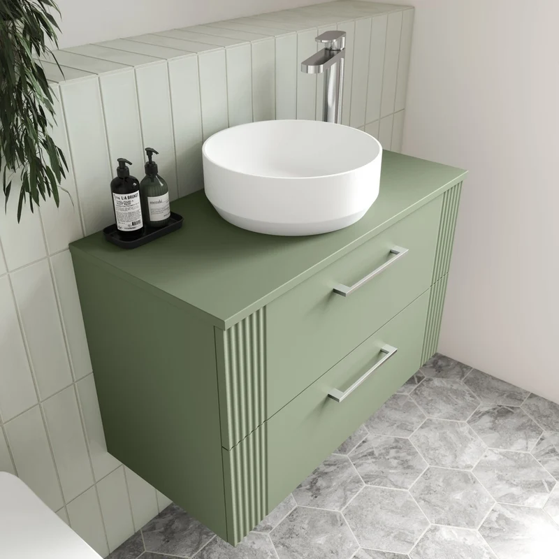 Nuie Deco 800mm Wall Hung 2 Drawer Vanity & Worktop Contemporary Satin Green MFC Painted Gloss 518x810x390mm