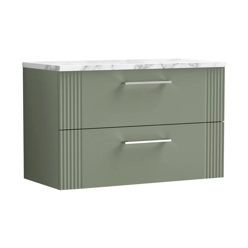 Nuie Deco 800 Wall Hung 2-drawer Vanity & Laminate Worktop Contemporary Satin Green MFC Painted Gloss 522x805x390mm