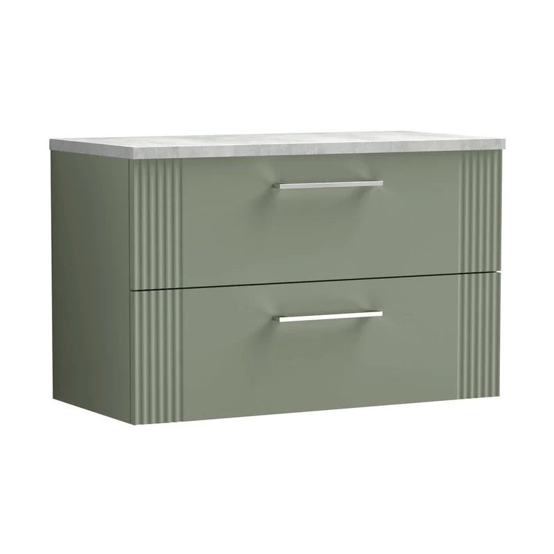 Nuie Deco 800mm Wall Hung 2 Drawer Vanity & Laminate Top Contemporary Satin Green MFC Painted Gloss 522x805x390mm - DPF895LBG