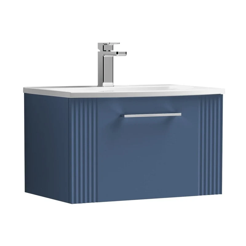 Nuie Deco 600mm Wall Hung Single Drawer Vanity & Basin 4 Contemporary Satin Blue MFC Painted Gloss 389x610x440mm