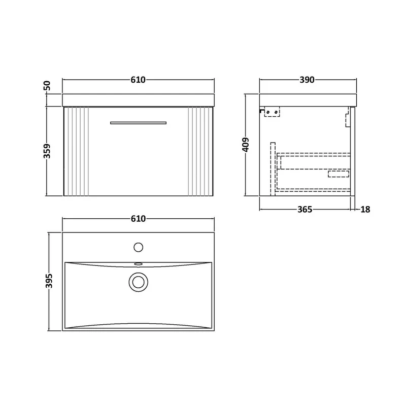 Nuie Deco 600mm Wall Hung Single Drawer Vanity & Basin 3 Contemporary Satin Blue MFC Painted Gloss 409x610x395mm