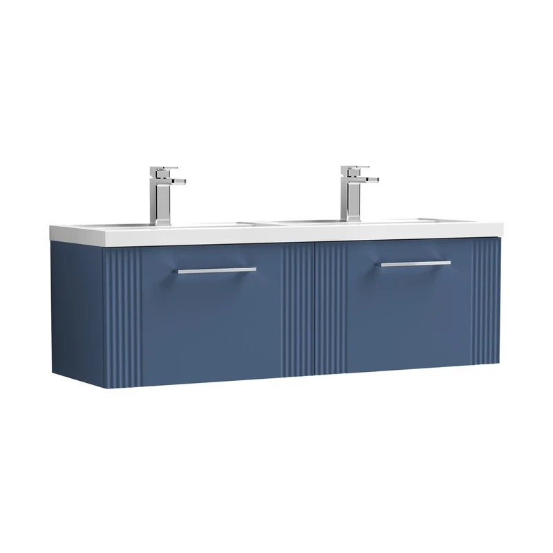 Nuie Deco 1200mm Wall Hung 2 Drawer Vanity & Double Basin Contemporary Satin Blue MFC Painted Gloss 399x1205x390mm - DPF394C