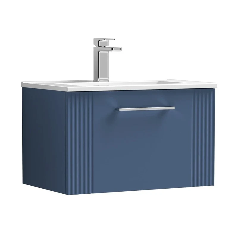 Nuie Deco 600mm Wall Hung Single Drawer Vanity & Basin 2 Contemporary Satin Blue MFC Painted Gloss 377x605x395mm
