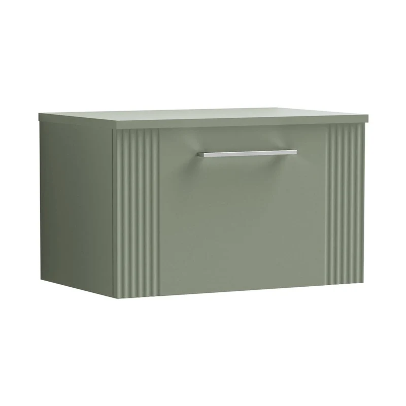 Nuie Deco 600mm Wall Hung Single Drawer Vanity & Worktop Contemporary Satin Green MFC Painted Gloss 377x605x390mm
