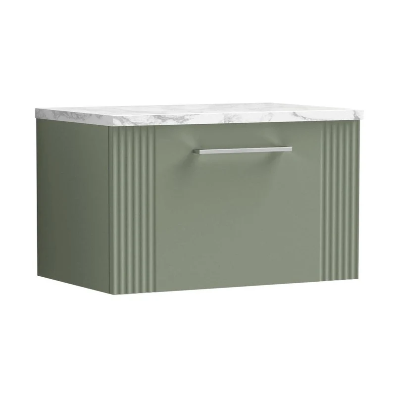 Nuie Deco 600 Wall Hung Single Drawer Vanity & Laminate Worktop Contemporary Satin Green MFC Painted Gloss 381x605x390mm