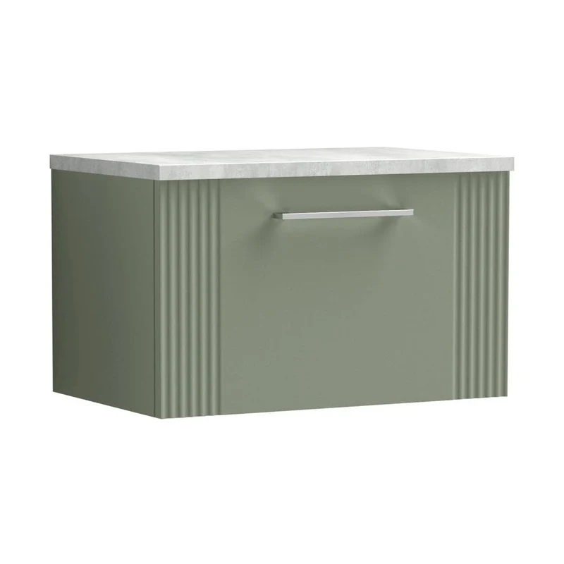 Nuie Deco 600mm Wall Hung Single Drawer Vanity & Laminate Top Contemporary Satin Green MFC Painted Gloss 381x605x390mm - DPF894LBG