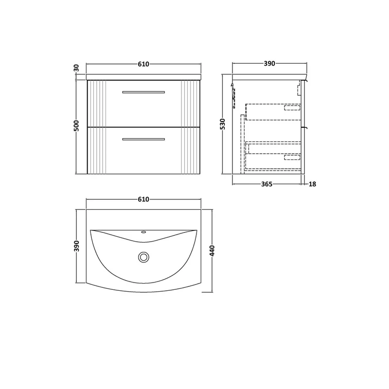 Nuie Deco 600mm Wall Hung 2 Drawer Vanity & Basin 4 Contemporary Satin Blue MFC Painted Gloss 530x610x440mm