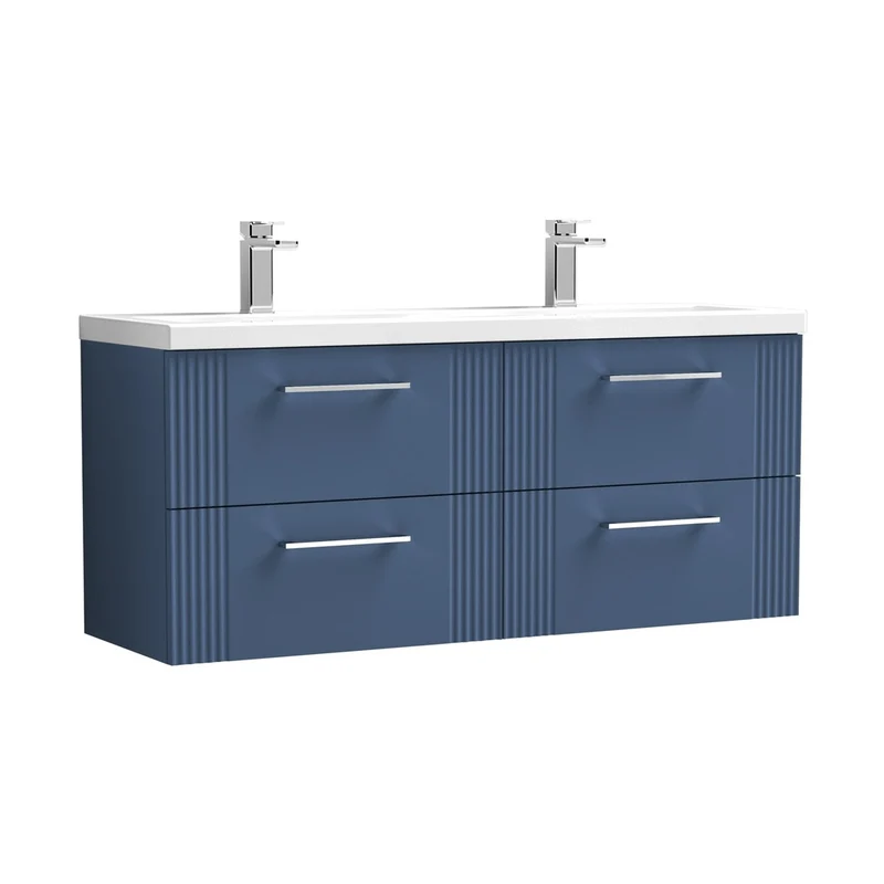 Nuie Deco 1200mm Wall Hung 4 Drawer Vanity & Double Basin Contemporary Satin Blue MFC Painted Gloss 540x1205x390mm - DPF393F