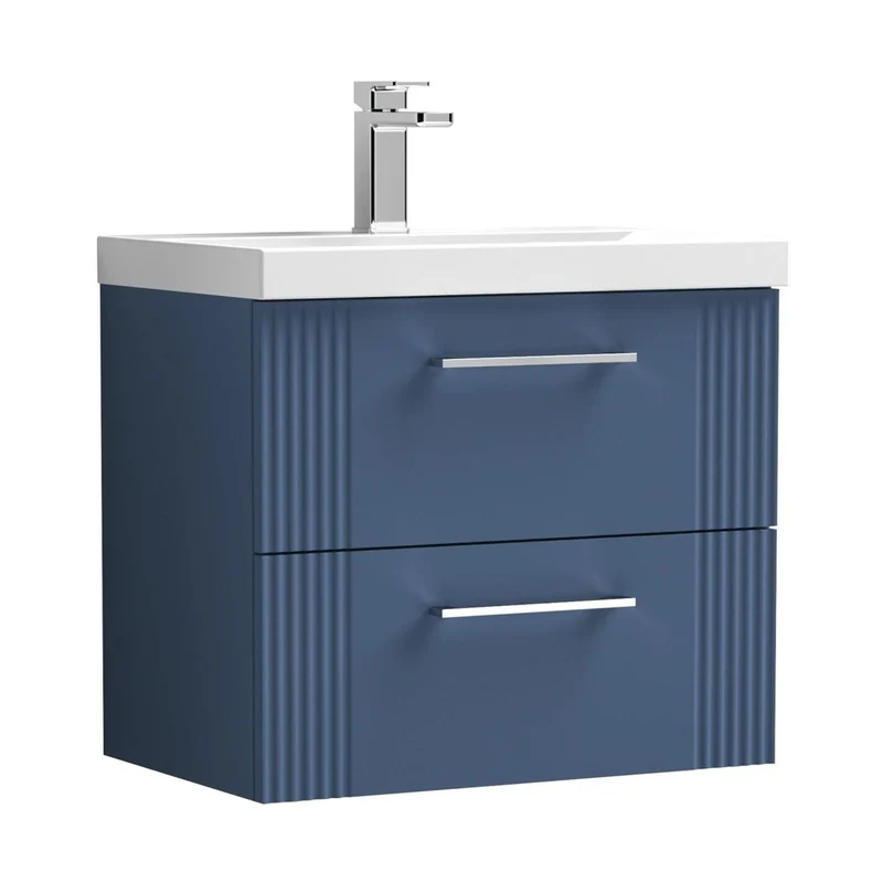 Nuie Deco 600mm Wall Hung 2 Drawer Vanity & Basin 3 Contemporary Satin Blue MFC Painted Gloss 550x610x395mm