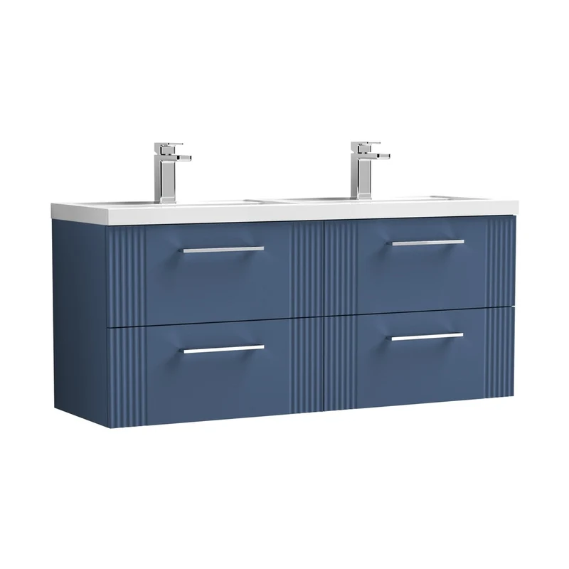 Nuie Deco 1200mm Wall Hung 4 Drawer Vanity & Double Basin Contemporary Satin Blue MFC Painted Gloss 540x1205x390mm - DPF393C