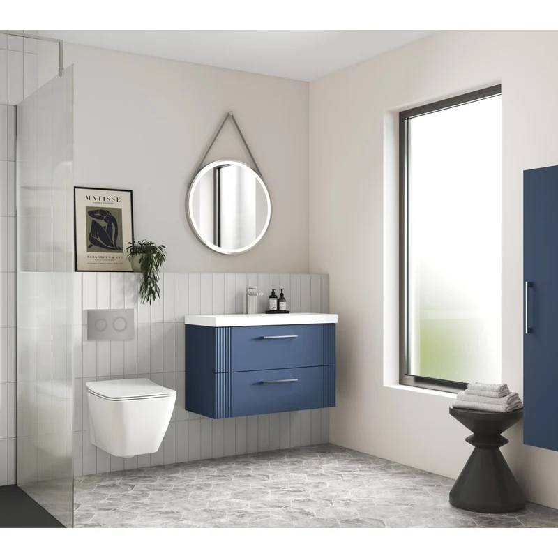 Nuie Deco 600mm Wall Hung 2 Drawer Vanity & Basin 1 Contemporary Satin Blue MFC Painted Gloss 540x610x390mm