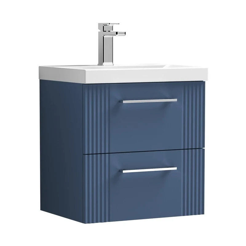 Nuie Deco 500mm Wall Hung 2 Drawer Vanity & Basin 3 Contemporary Satin Blue MFC Painted Gloss 550x510x395mm