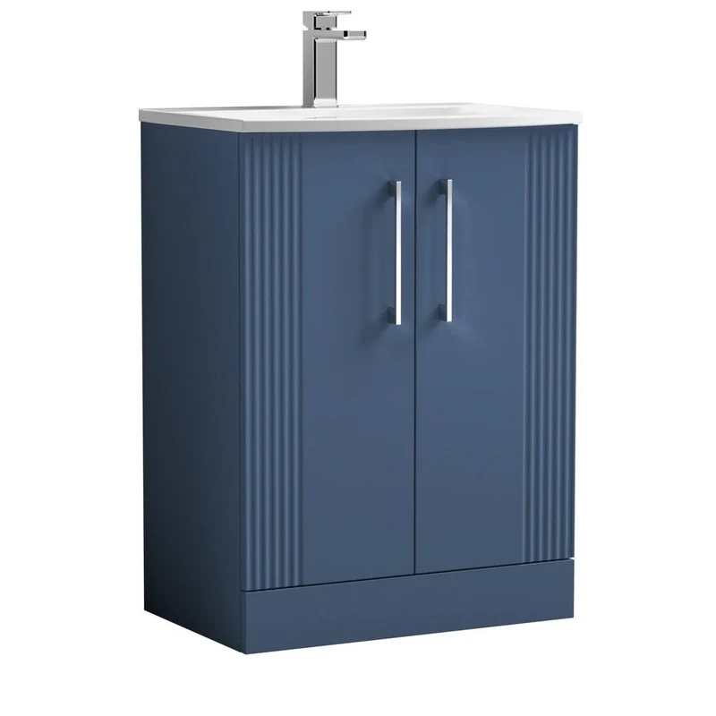 Nuie Deco 600mm Floor Standing 2 Door Vanity & Basin 4 Contemporary Satin Blue MFC Painted Gloss 840x610x440mm