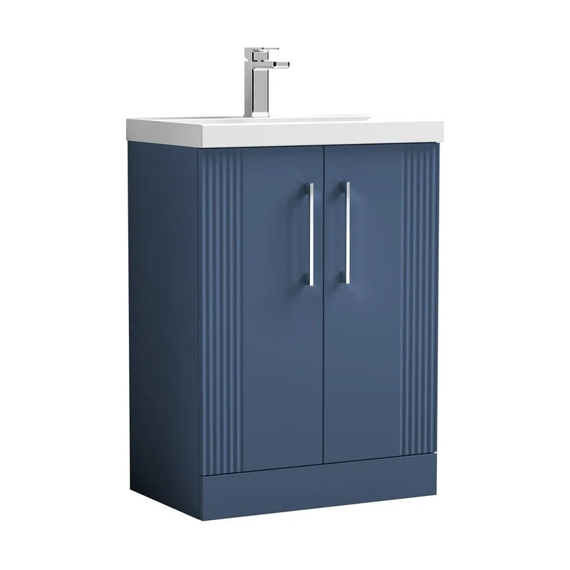 Nuie Deco 600mm Floor Standing 2 Door Vanity & Basin 3 Contemporary Satin Blue MFC Painted Gloss 860x610x395mm