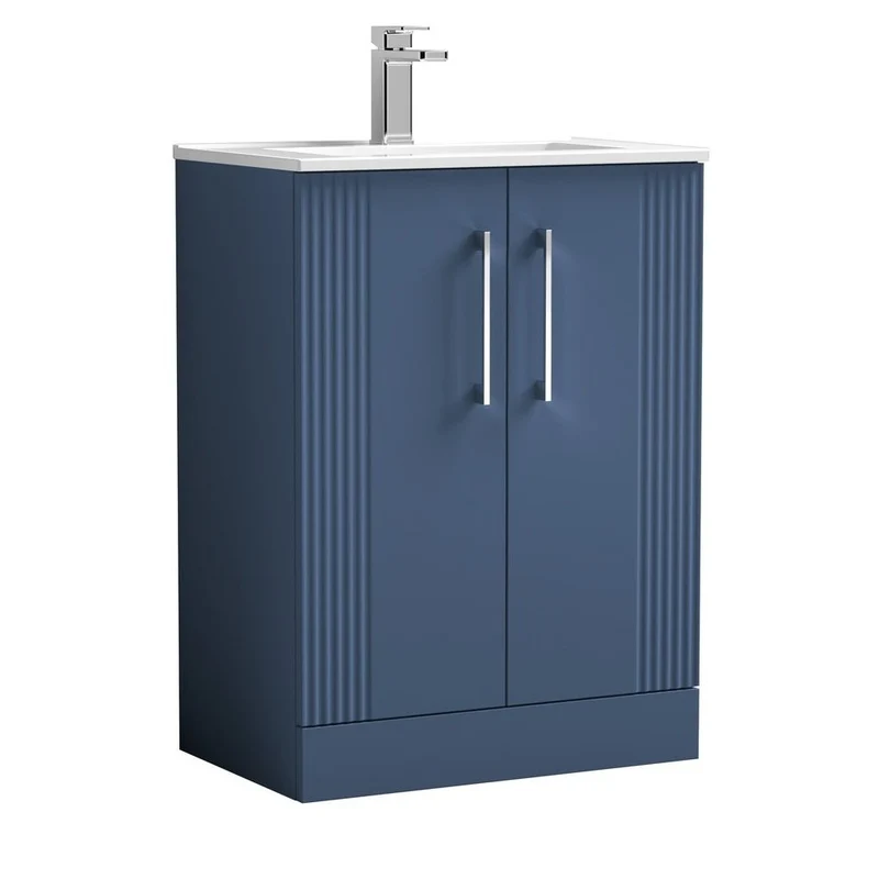 Nuie Deco 600mm Floor Standing 2 Door Vanity & Basin 2 Contemporary Satin Blue MFC Painted Gloss 828x605x395mm