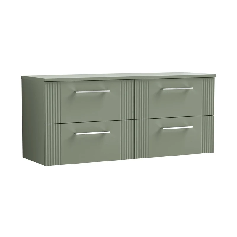 Nuie Deco 1200mm Wall Hung 4 Drawer Vanity & Worktop Contemporary Satin Green MFC Painted Gloss 518x1205x390mm