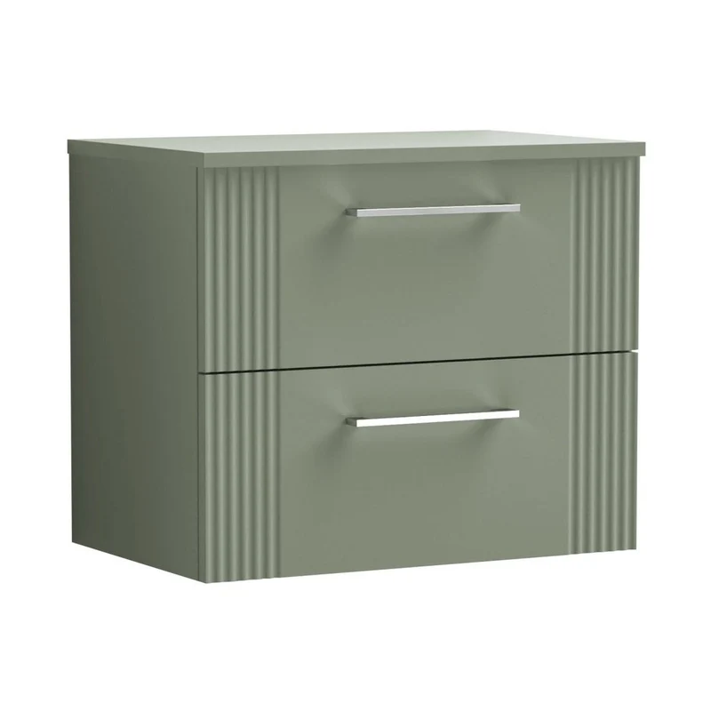 Nuie Deco 600mm Wall Hung 2 Drawer Vanity & Worktop Contemporary Satin Green MFC Painted Gloss 518x605x390mm