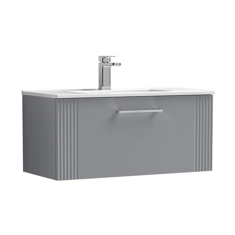 Nuie Deco 800mm Wall Hung Single Drawer Vanity & Basin 2 Contemporary Satin Grey MFC Painted Gloss 377x805x395mm