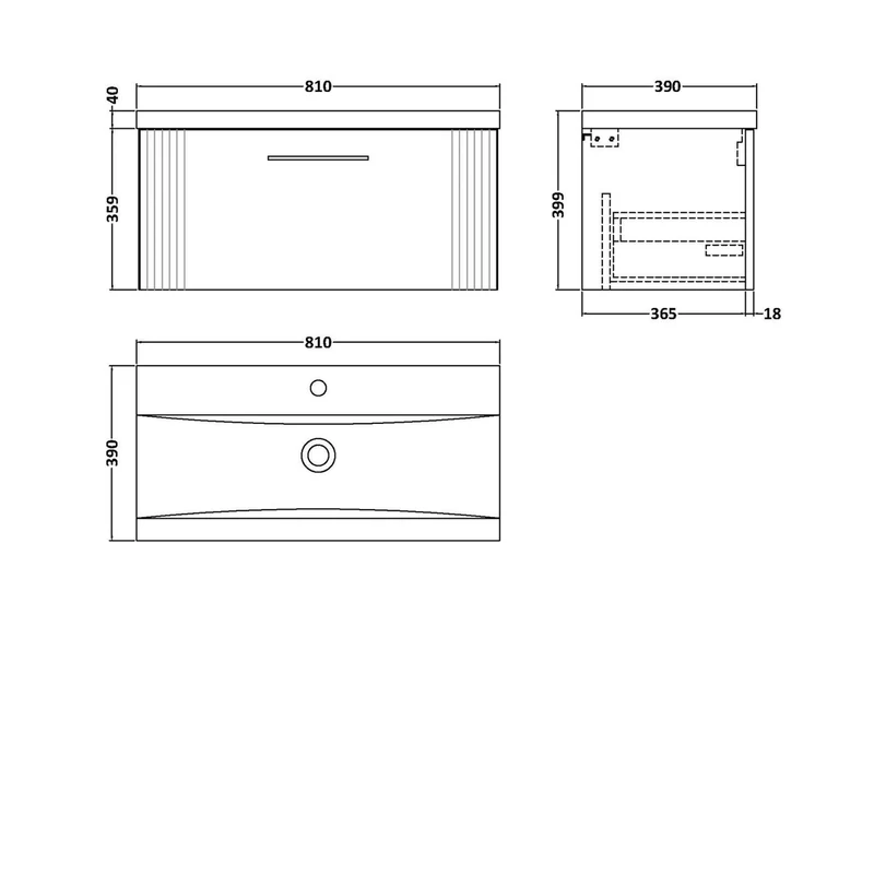 Nuie Deco 800mm Wall Hung Single Drawer Vanity & Basin 1 Contemporary Satin Grey MFC Painted Gloss 399x810x390mm