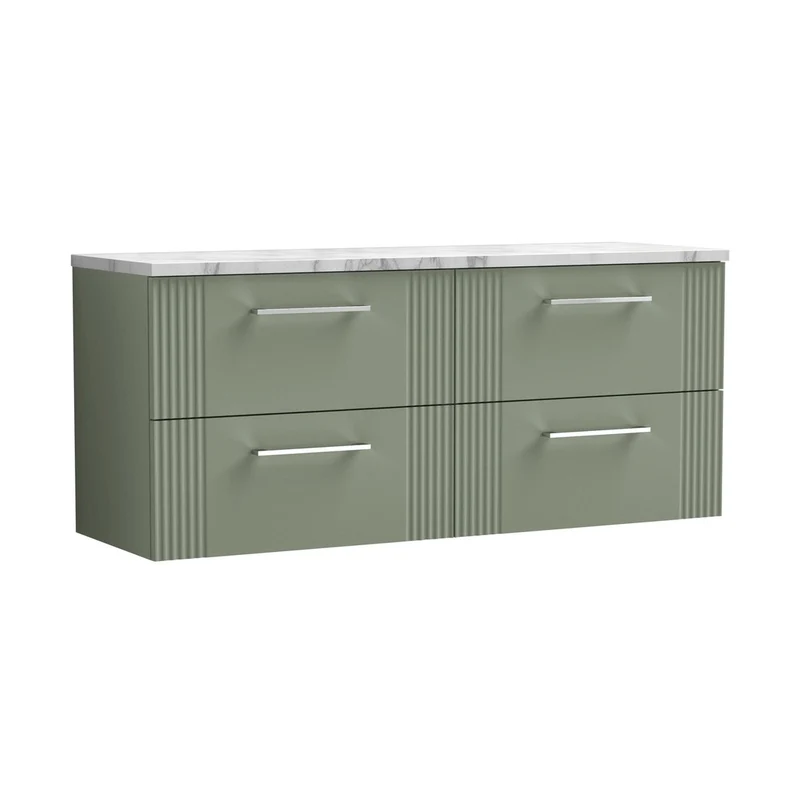 Nuie Deco 1200 Wall Hung 4-drawer Vanity & Laminate Worktop Contemporary Satin Green MFC Painted Gloss 545x1215x455mm - DPF893LCM2