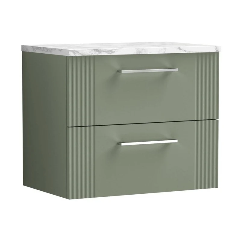 Nuie Deco 600 Wall Hung 2-drawer Vanity & Laminate Worktop Contemporary Satin Green MFC Painted Gloss 522x605x390mm