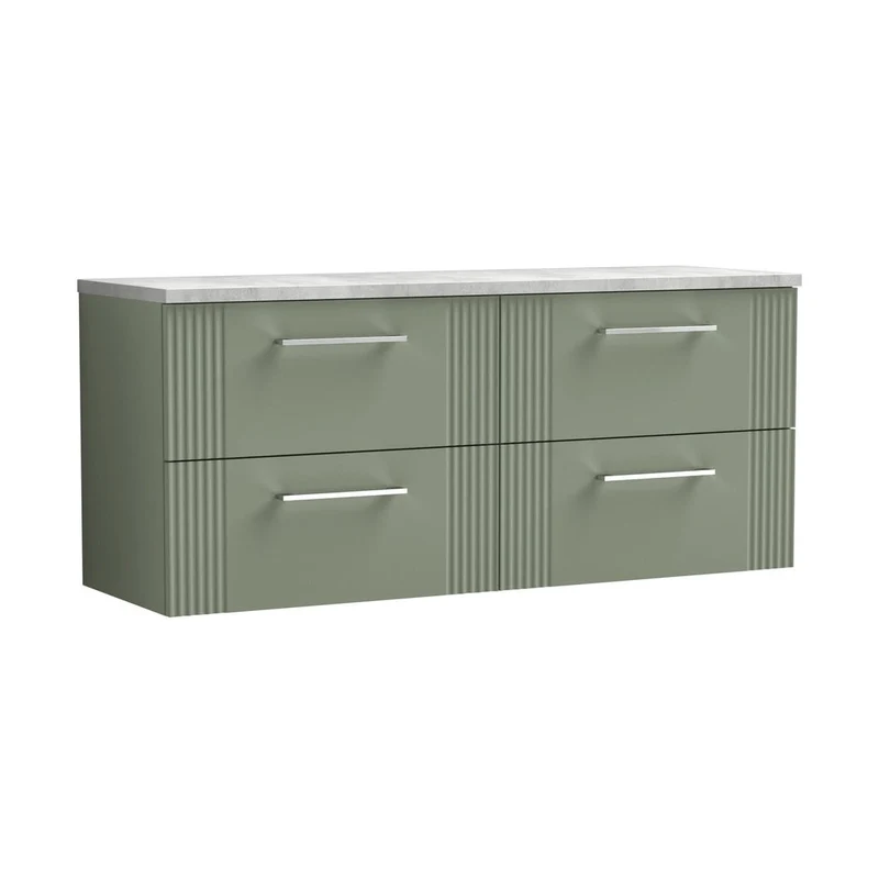 Nuie Deco 1200 Wall Hung 4-drawer Vanity & Laminate Worktop Contemporary Satin Green MFC Painted Gloss 545x1215x455mm - DPF893LBG2