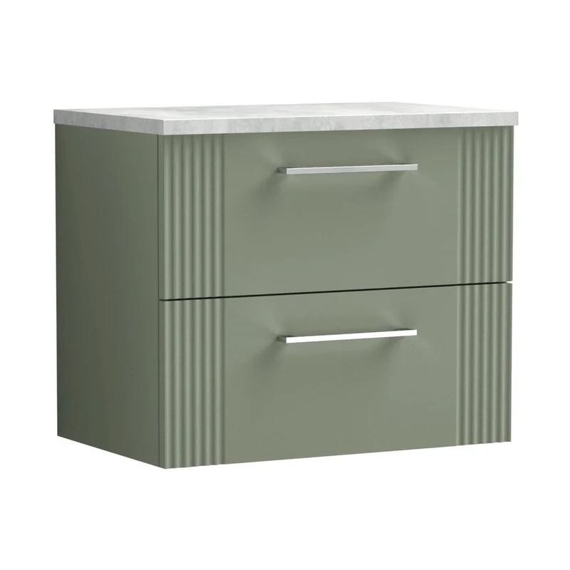 Nuie Deco 600mm Wall Hung 2 Drawer Vanity & Laminate Top Contemporary Satin Green MFC Painted Gloss 522x605x390mm - DPF893LBG