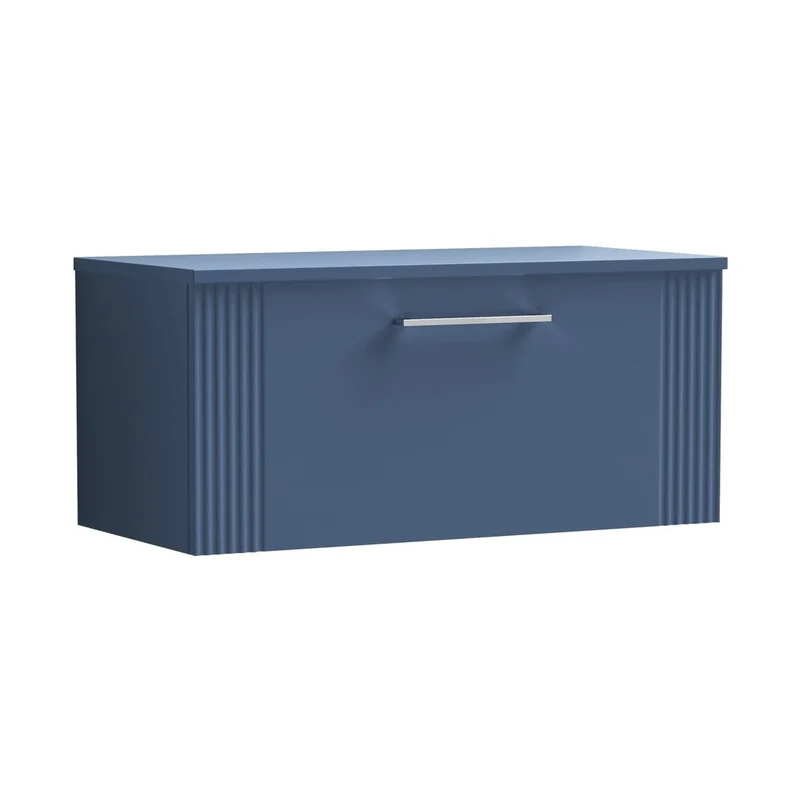 Nuie Deco 800mm Wall Hung Single Drawer Vanity & Worktop Contemporary Satin Blue MFC Painted Gloss 377x810x390mm