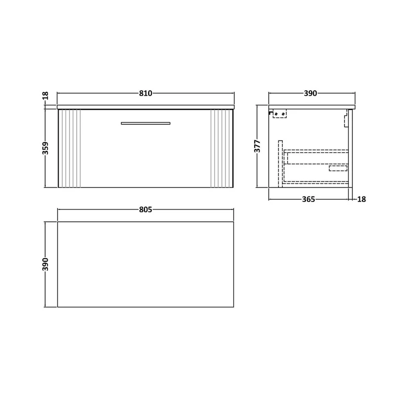Nuie Deco 800mm Wall Hung Single Drawer Vanity & Worktop Contemporary Satin Blue MFC Painted Gloss 377x810x390mm