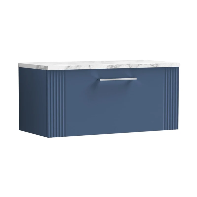 Nuie Deco 800 Wall Hung Single Drawer Vanity & Laminate Worktop Contemporary Satin Blue MFC Painted Gloss 381x805x390mm